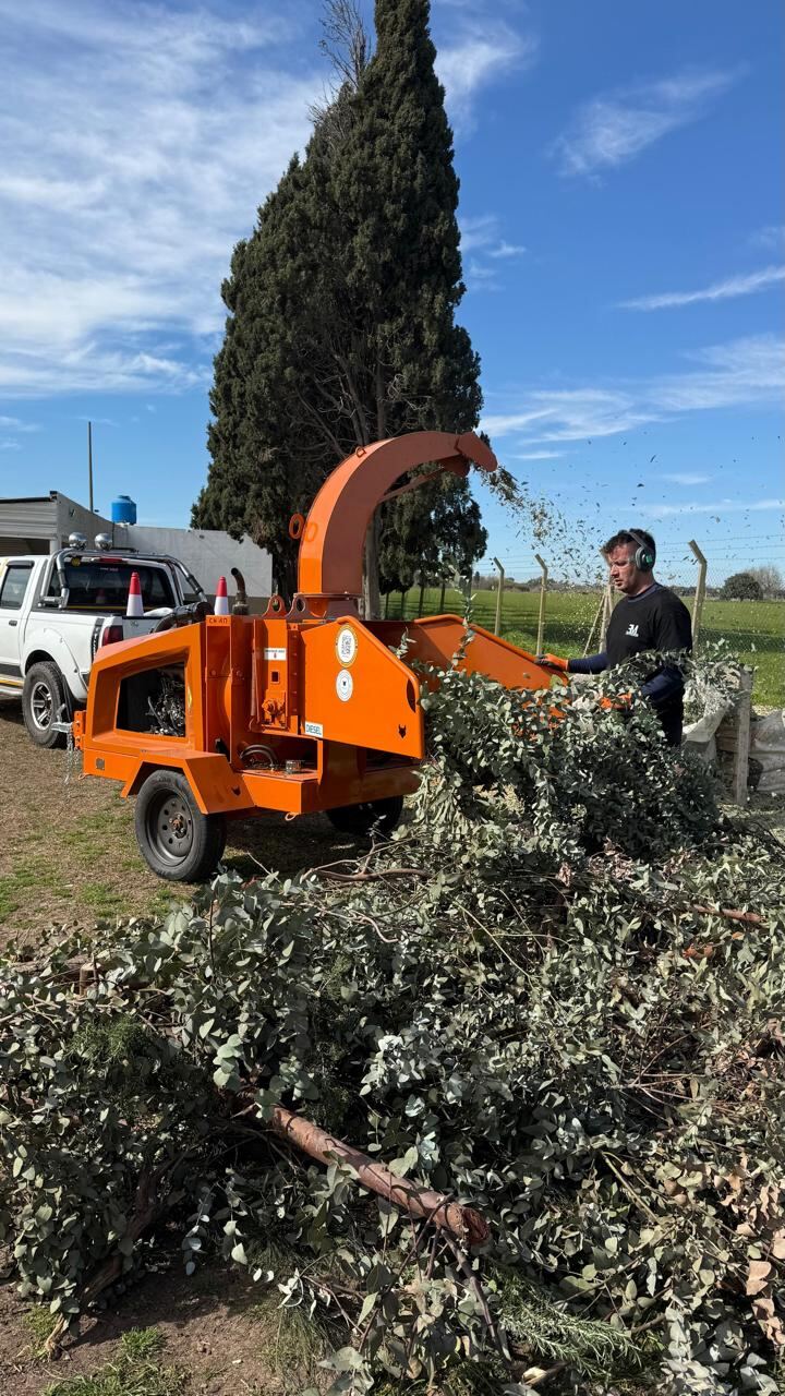 Integrante de FM Servicios cargando ramas en su chipeadora