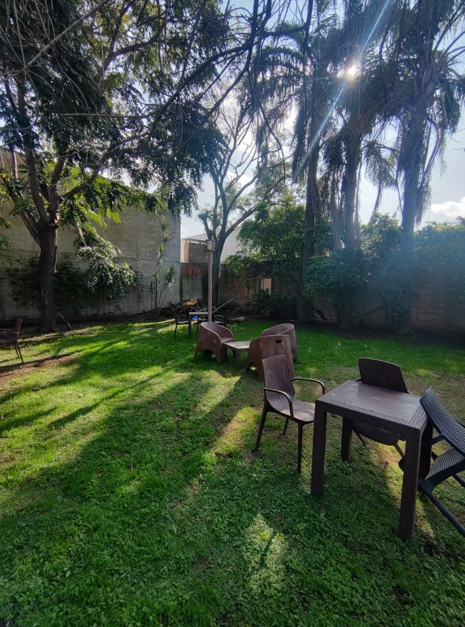 Jardín con césped cortado y árboles podados